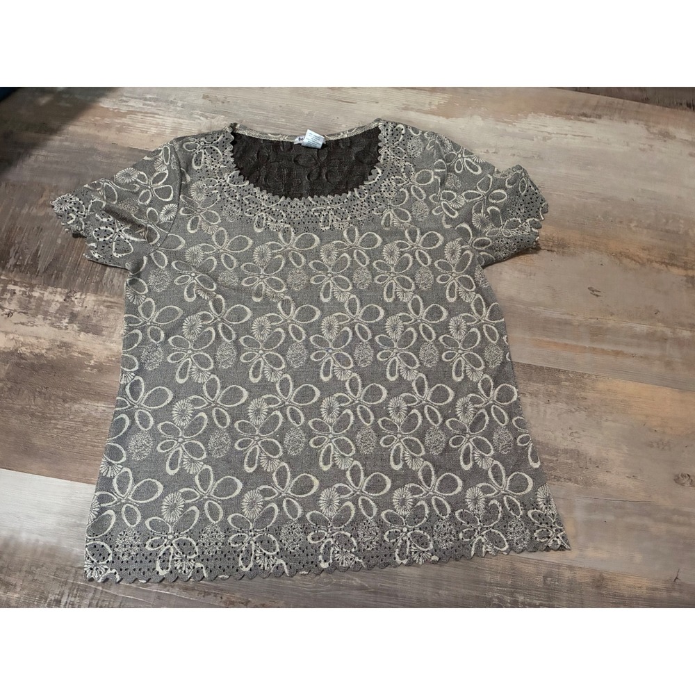 Belle Amie Women Grey Floral Lace Short Sleeve Scalloped Blouse Top L